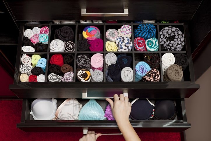 Open drawer filled with organized underwear