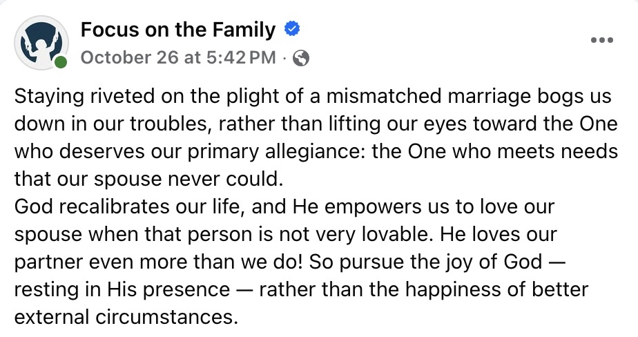 Screenshot Focus on the Family toxic marriage advice
