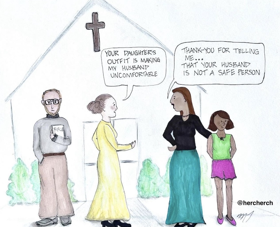 Woman explaining a preteen daughter's clothing made her husband uncomfortable and the mother thanking her for letting her know her husband isn't safe