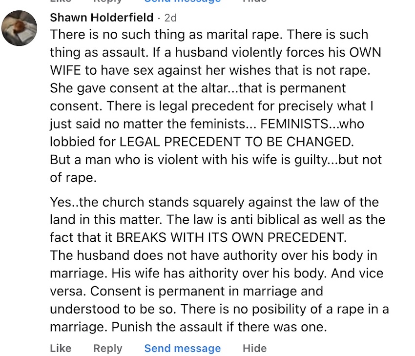Shawn Holderfield defending marital rape