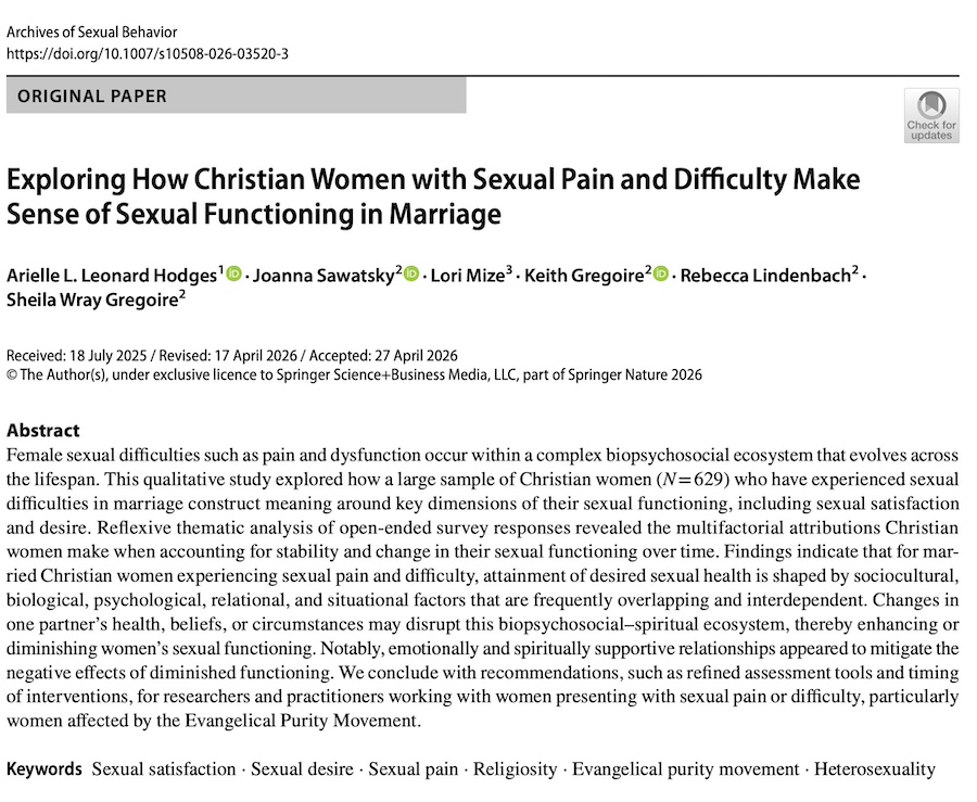 Sexual Pain Article in the Archives of Sexual Behaviour